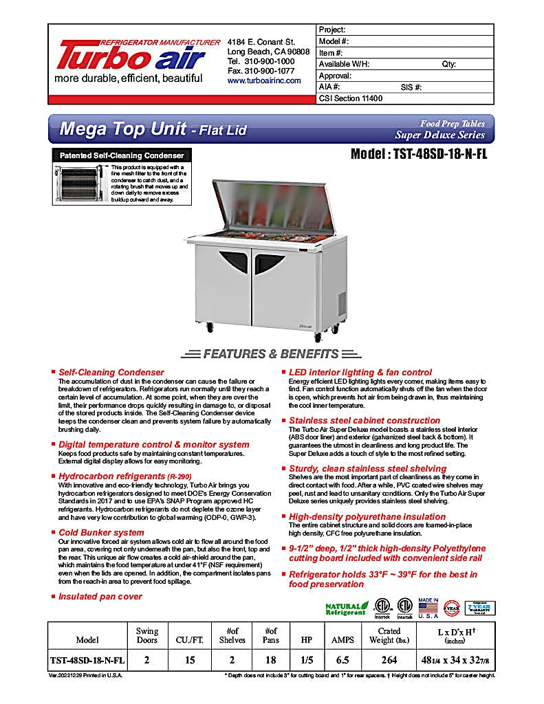 Turbo Air Super Deluxe TST-48SD-18-N-FL 48" 2 Door Refrigerated Mega Top Sandwich Prep Table with Flat Lid - Donut-Equipment.com