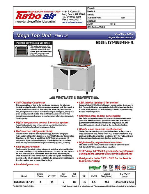 Turbo Air Super Deluxe TST-48SD-18-N-FL 48" 2 Door Refrigerated Mega Top Sandwich Prep Table with Flat Lid - Donut-Equipment.com