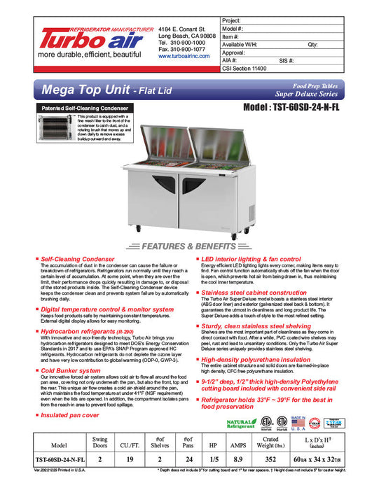 Turbo Air Super Deluxe TST-60SD-24-N-FL 60" 2 Door Refrigerated Mega Top Sandwich Prep Table with Flat Lid - Donut-Equipment.com