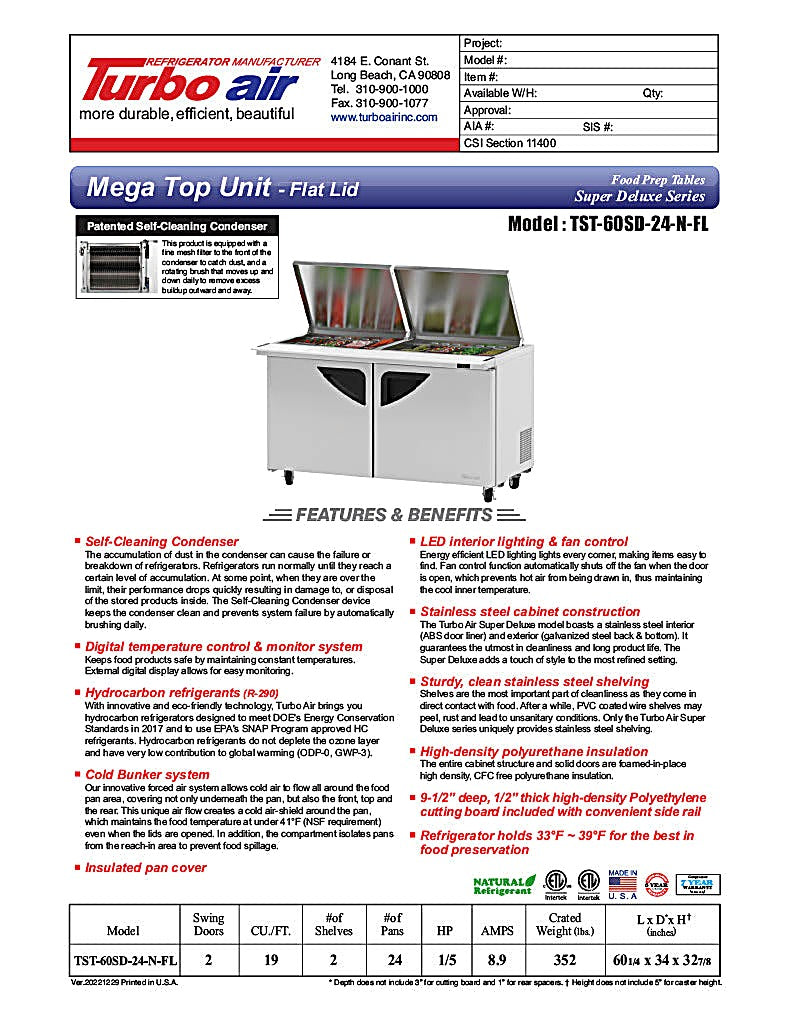 Turbo Air Super Deluxe TST-60SD-24-N-FL 60" 2 Door Refrigerated Mega Top Sandwich Prep Table with Flat Lid - Donut-Equipment.com