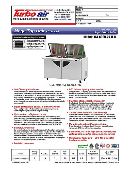 Turbo Air Super Deluxe TST-60SD-24-N-FL 60" 2 Door Refrigerated Mega Top Sandwich Prep Table with Flat Lid - Donut-Equipment.com