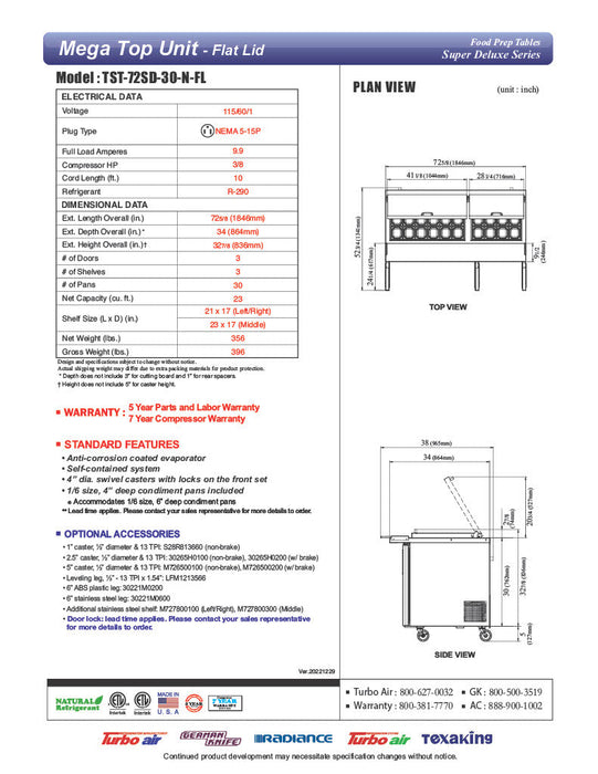 Turbo Air Super Deluxe TST-72SD-30-N-FL 72" 3 Door Mega Top Refrigerated Sandwich Prep Table with Flat Lid - Donut-Equipment.com