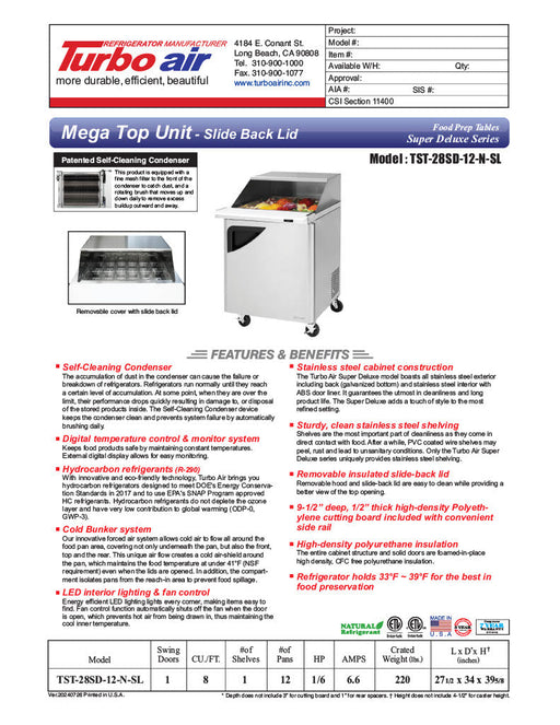 Turbo Air Super Deluxe TST-28SD-12-N-SL 28" 1 Door Mega Top Refrigerated Sandwich Prep Table - Donut-Equipment.com