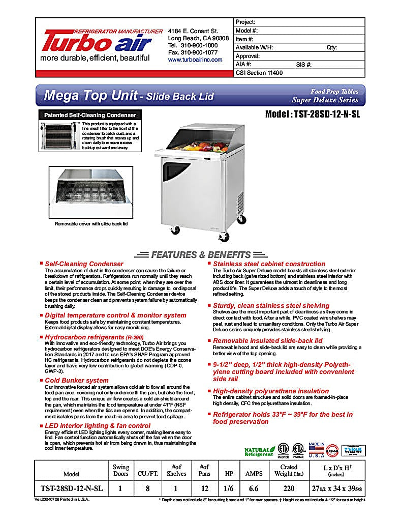Turbo Air Super Deluxe TST-28SD-12-N-SL 28" 1 Door Mega Top Refrigerated Sandwich Prep Table - Donut-Equipment.com
