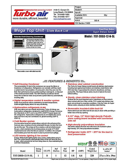 Turbo Air Super Deluxe TST-28SD-12-N-SL 28" 1 Door Mega Top Refrigerated Sandwich Prep Table - Donut-Equipment.com
