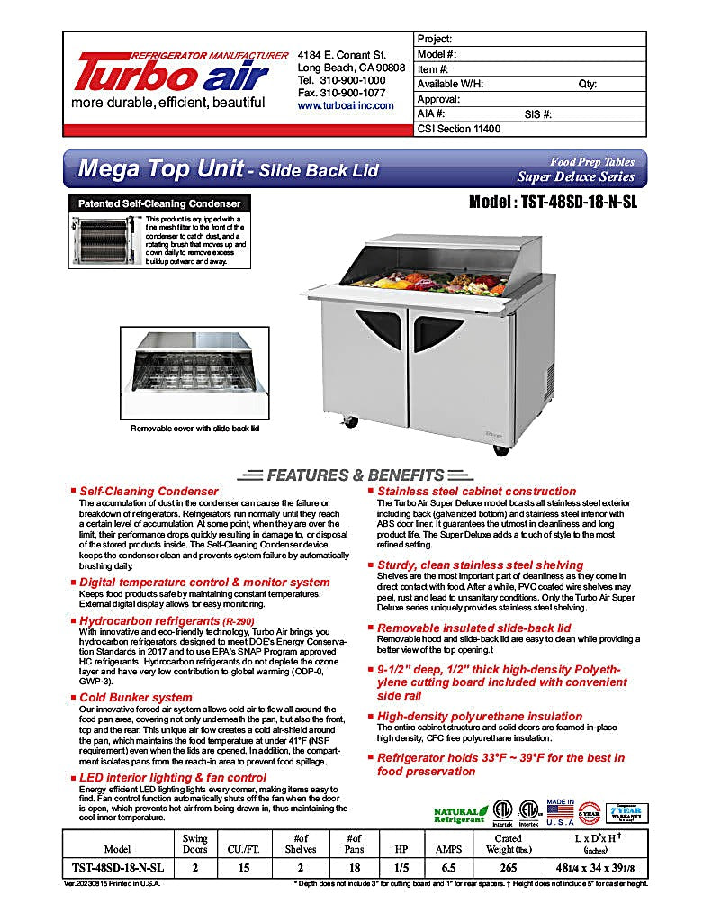 Turbo Air TST-48SD-18-N-SL 48" 2 Door Mega Top Sliding Lid Refrigerated Sandwich Prep Table - Donut-Equipment.com