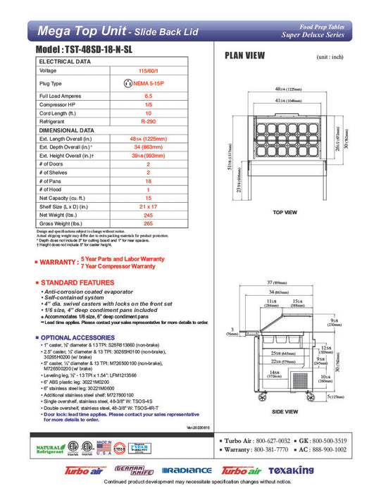 Turbo Air TST-48SD-18-N-SL 48" 2 Door Mega Top Sliding Lid Refrigerated Sandwich Prep Table - Donut-Equipment.com