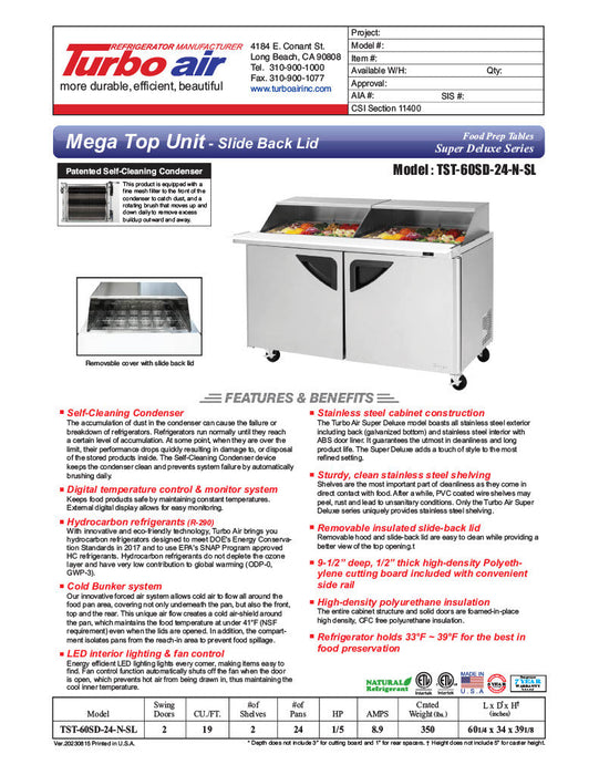 Turbo Air TST-60SD-24-N-SL 60" 2 Door Mega Top Sliding Lid Refrigerated Sandwich Prep Table - Donut-Equipment.com