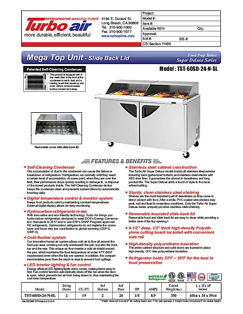 Turbo Air TST-60SD-24-N-SL 60" 2 Door Mega Top Sliding Lid Refrigerated Sandwich Prep Table - Donut-Equipment.com