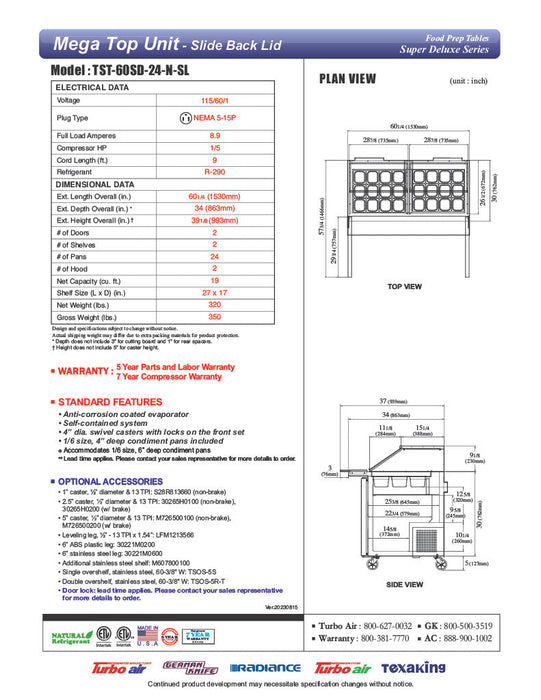 Turbo Air TST-60SD-24-N-SL 60" 2 Door Mega Top Sliding Lid Refrigerated Sandwich Prep Table - Donut-Equipment.com