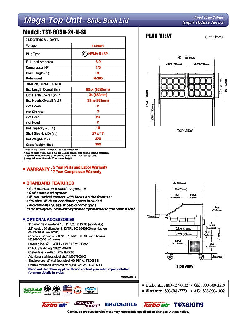 Turbo Air TST-60SD-24-N-SL 60" 2 Door Mega Top Sliding Lid Refrigerated Sandwich Prep Table - Donut-Equipment.com