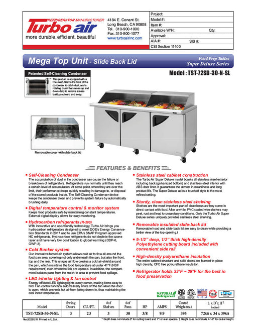 Turbo Air TST-72SD-30-N-SL 72" 3 Door Mega Top Sliding Lid Refrigerated Sandwich Prep Table - Donut-Equipment.com