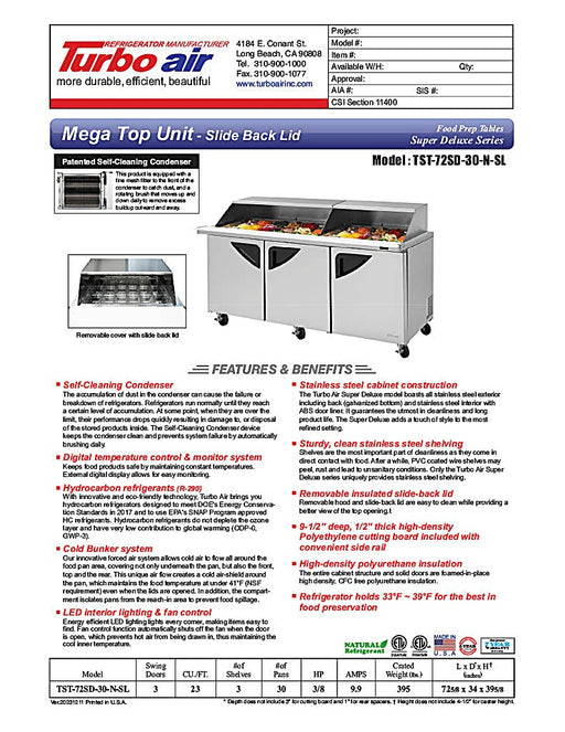 Turbo Air TST-72SD-30-N-SL 72" 3 Door Mega Top Sliding Lid Refrigerated Sandwich Prep Table - Donut-Equipment.com