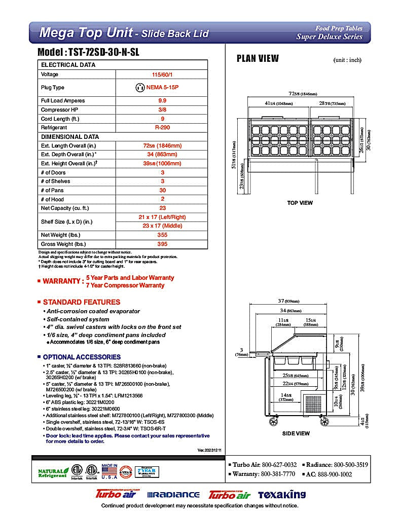 Turbo Air TST-72SD-30-N-SL 72" 3 Door Mega Top Sliding Lid Refrigerated Sandwich Prep Table - Donut-Equipment.com