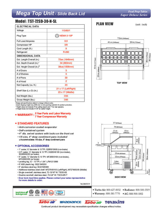 Turbo Air TST-72SD-30-N-SL 72" 3 Door Mega Top Sliding Lid Refrigerated Sandwich Prep Table - Donut-Equipment.com