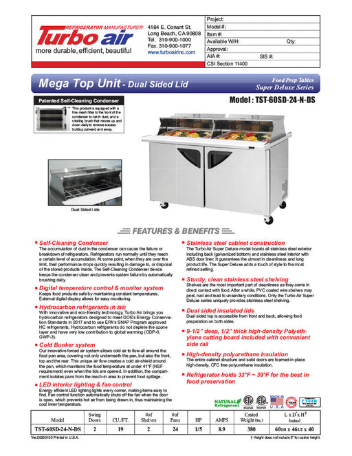 Turbo Air TST-60SD-24-N-DS 60" 2 Door Mega Top Dual Sided Refrigerated Sandwich Prep Table - Donut-Equipment.com