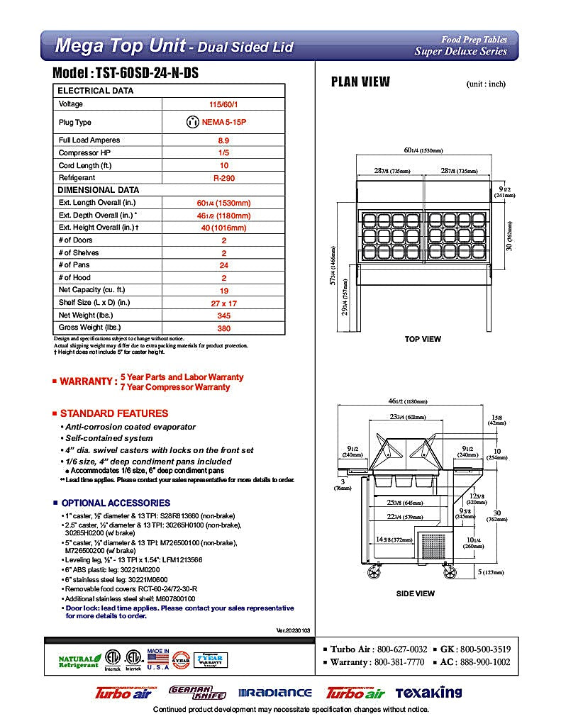 Turbo Air TST-60SD-24-N-DS 60" 2 Door Mega Top Dual Sided Refrigerated Sandwich Prep Table - Donut-Equipment.com
