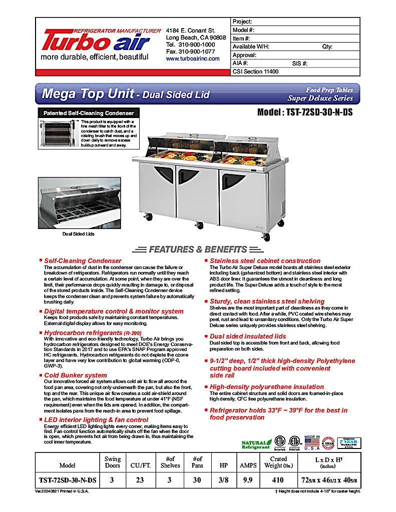Turbo Air TST-72SD-30-N-DS 72" 3 Door Mega Top Dual Sided Refrigerated Sandwich Prep Table - Donut-Equipment.com