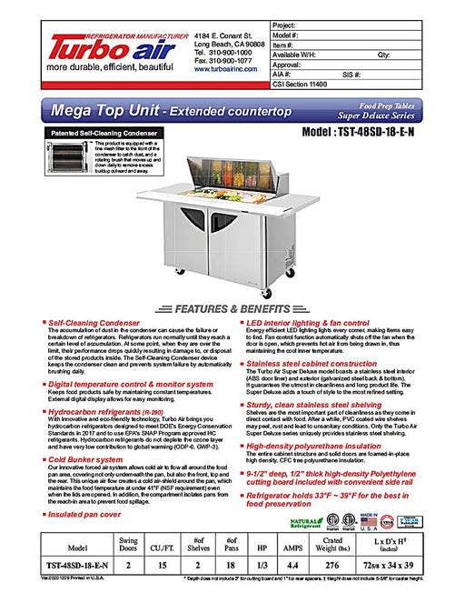 Turbo Air TST-48SD-18-E-N 72 5/8" Super Deluxe Mega Top Sandwich/Salad Prep Table w/ Refrigerated Base - Donut-Equipment.com