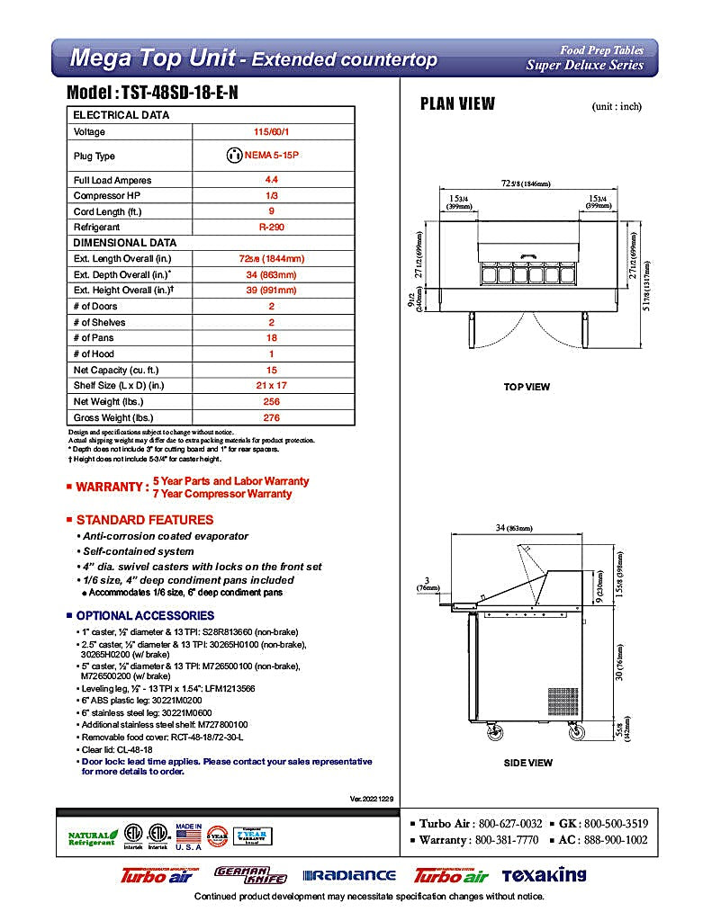Turbo Air TST-48SD-18-E-N 72 5/8" Super Deluxe Mega Top Sandwich/Salad Prep Table w/ Refrigerated Base - Donut-Equipment.com