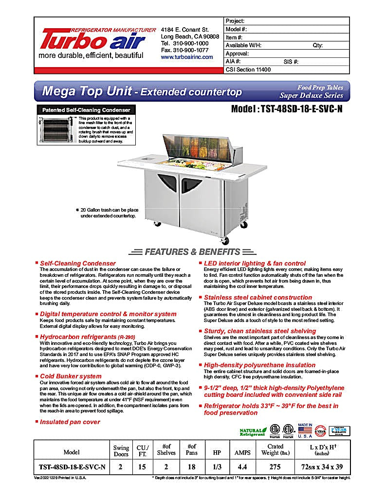 Turbo Air TST-48SD-18-E-SVC-N 72 5/8" Super Deluxe Mega Top Sandwich/Salad Prep Table w/ Refrigerated Base - Donut-Equipment.com