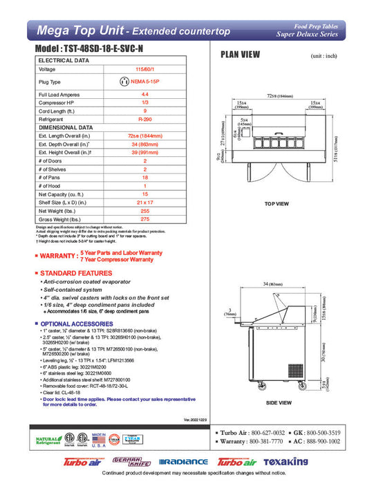 Turbo Air TST-48SD-18-E-SVC-N 72 5/8" Super Deluxe Mega Top Sandwich/Salad Prep Table w/ Refrigerated Base - Donut-Equipment.com