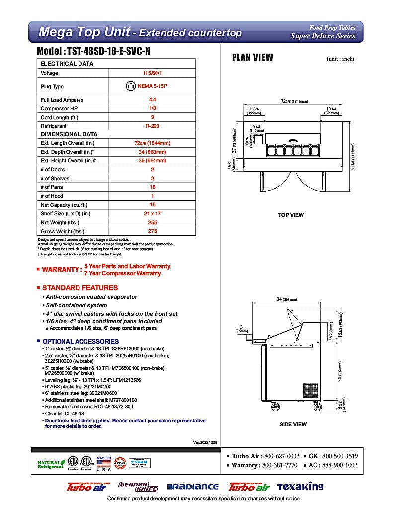 Turbo Air TST-48SD-18-E-SVC-N 72 5/8" Super Deluxe Mega Top Sandwich/Salad Prep Table w/ Refrigerated Base - Donut-Equipment.com