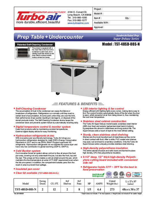 Turbo Air Super Deluxe TST-48SD-08S-N-LW 48" 2 Door Refrigerated Sandwich Prep Table with Left Work Station - Donut-Equipment.com
