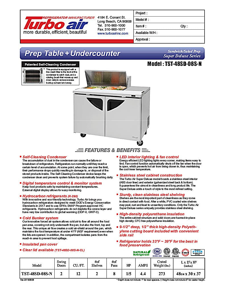 Turbo Air Super Deluxe TST-48SD-08S-N-LW 48" 2 Door Refrigerated Sandwich Prep Table with Left Work Station - Donut-Equipment.com