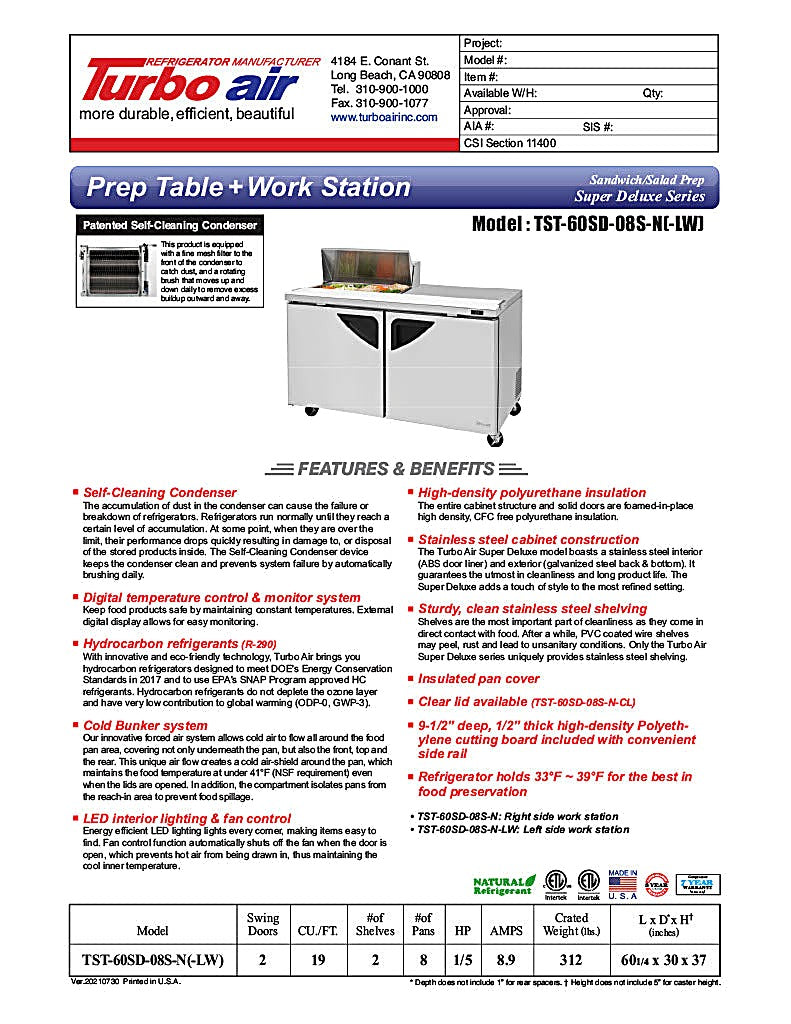 Turbo Air Super Deluxe TST-60SD-08S-N-LW 60" 2 Door Refrigerated Sandwich Prep Table with Left Work Station - Donut-Equipment.com