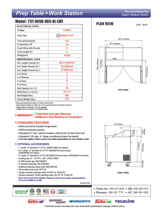 Turbo Air Super Deluxe TST-60SD-08S-N-LW 60" 2 Door Refrigerated Sandwich Prep Table with Left Work Station - Donut-Equipment.com
