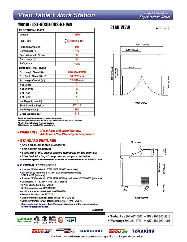 Turbo Air Super Deluxe TST-60SD-08S-N-LW 60" 2 Door Refrigerated Sandwich Prep Table with Left Work Station - Donut-Equipment.com