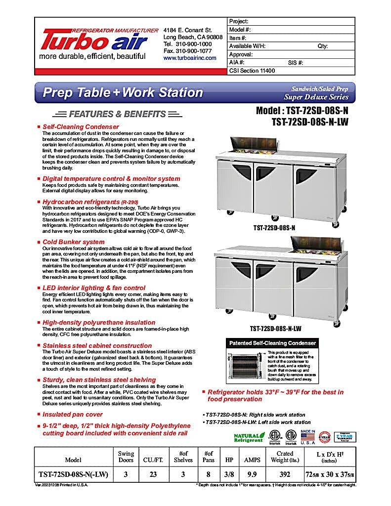 Turbo Air Super Deluxe TST-72SD-08S-N-LW 72" 3 Door Refrigerated Sandwich Prep Table with Left Work Station - Donut-Equipment.com