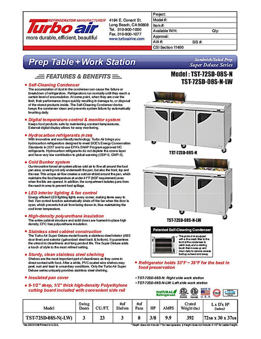 Turbo Air Super Deluxe TST-72SD-08S-N-LW 72" 3 Door Refrigerated Sandwich Prep Table with Left Work Station - Donut-Equipment.com