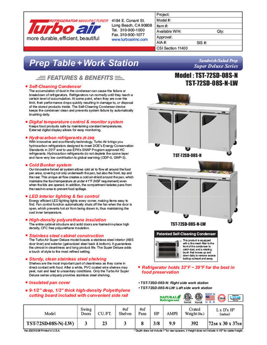 Turbo Air Super Deluxe TST-72SD-08S-N-LW 72" 3 Door Refrigerated Sandwich Prep Table with Left Work Station - Donut-Equipment.com