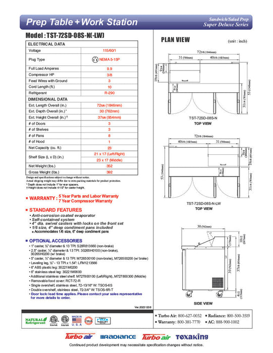 Turbo Air Super Deluxe TST-72SD-08S-N-LW 72" 3 Door Refrigerated Sandwich Prep Table with Left Work Station - Donut-Equipment.com