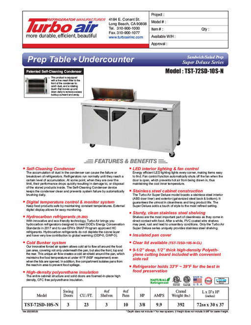 Turbo Air Super Deluxe TST-72SD-10S-N-LW 72" 3 Door Refrigerated Sandwich Prep Table with Left Work Station - Donut-Equipment.com