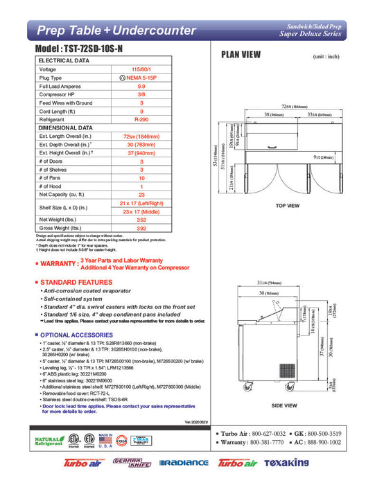 Turbo Air Super Deluxe TST-72SD-10S-N-LW 72" 3 Door Refrigerated Sandwich Prep Table with Left Work Station - Donut-Equipment.com