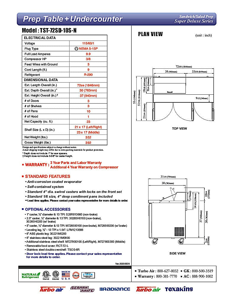 Turbo Air Super Deluxe TST-72SD-10S-N-LW 72" 3 Door Refrigerated Sandwich Prep Table with Left Work Station - Donut-Equipment.com