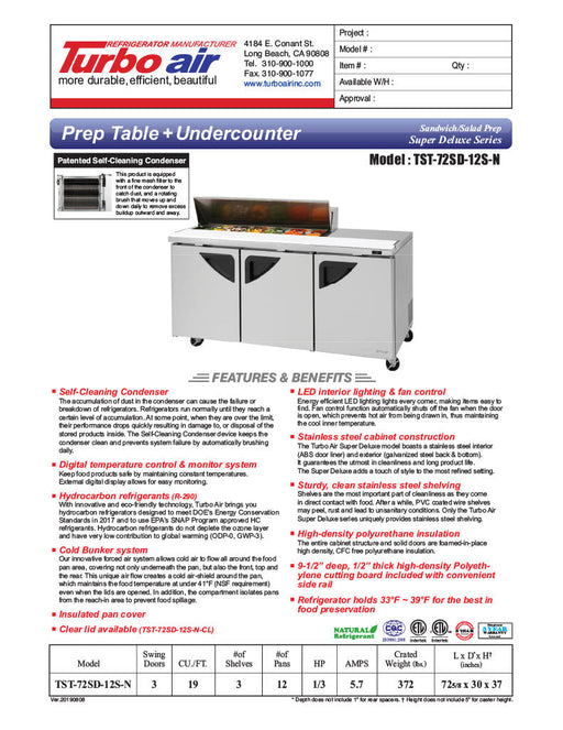 Turbo Air Super Deluxe TST-72SD-12S-N-LW 72" 3 Door Refrigerated Sandwich Prep Table with Left Work Station - Donut-Equipment.com