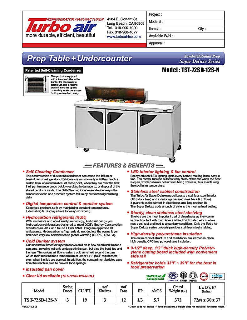 Turbo Air Super Deluxe TST-72SD-12S-N-LW 72" 3 Door Refrigerated Sandwich Prep Table with Left Work Station - Donut-Equipment.com