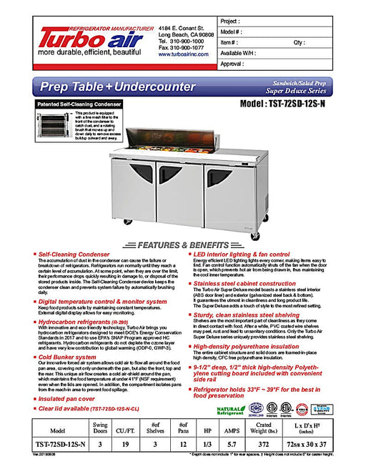 Turbo Air Super Deluxe TST-72SD-12S-N-LW 72" 3 Door Refrigerated Sandwich Prep Table with Left Work Station - Donut-Equipment.com