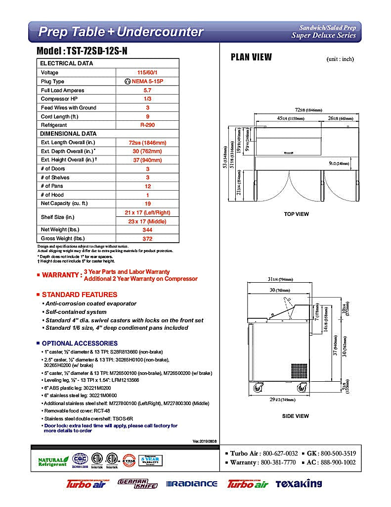 Turbo Air Super Deluxe TST-72SD-12S-N-LW 72" 3 Door Refrigerated Sandwich Prep Table with Left Work Station - Donut-Equipment.com