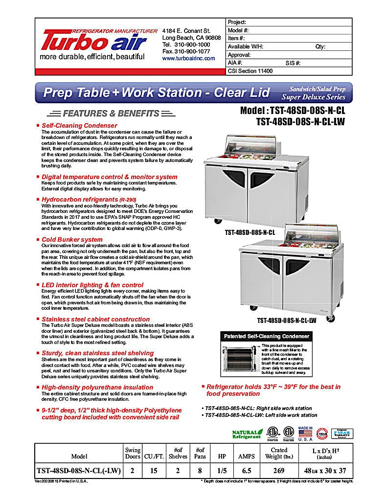 Turbo Air Super Deluxe TST-48SD-08S-N-CL 48" 2 Door Refrigerated Sandwich Prep Table with Clear Lid - Donut-Equipment.com