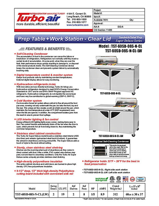 Turbo Air Super Deluxe TST-60SD-08S-N-CL 60" 2 Door Refrigerated Sandwich Prep Table with Clear Lid - Donut-Equipment.com