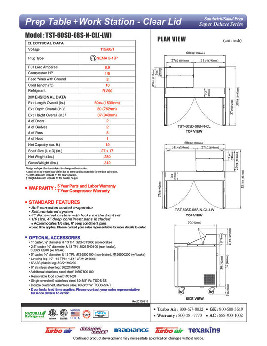 Turbo Air Super Deluxe TST-60SD-08S-N-CL 60" 2 Door Refrigerated Sandwich Prep Table with Clear Lid - Donut-Equipment.com