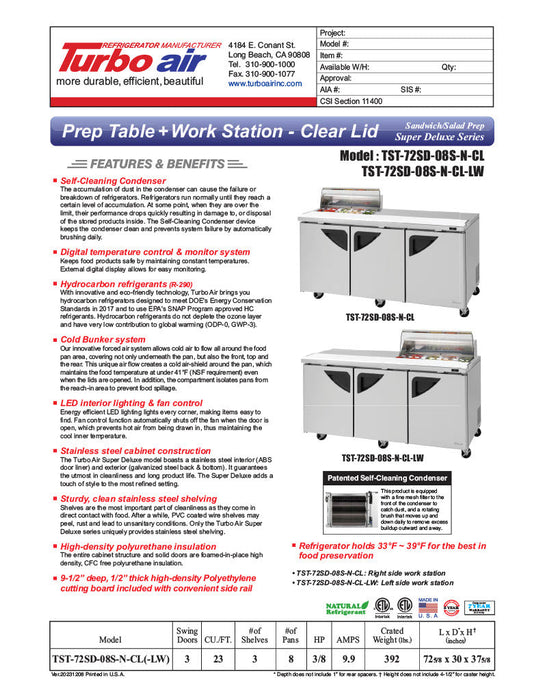 Turbo Air Super Deluxe TST-72SD-08S-N-CL 72" 3 Door Refrigerated Sandwich Prep Table with Clear Lid - Donut-Equipment.com