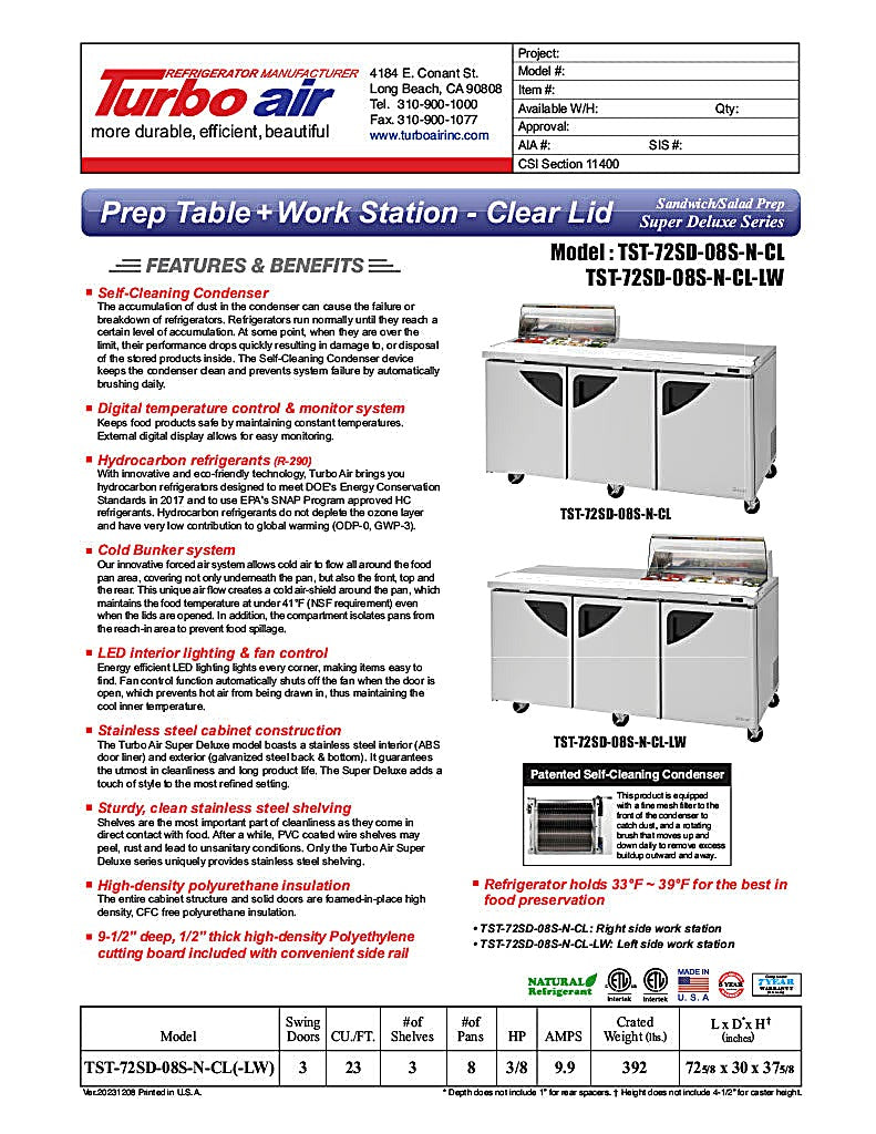 Turbo Air Super Deluxe TST-72SD-08S-N-CL 72" 3 Door Refrigerated Sandwich Prep Table with Clear Lid - Donut-Equipment.com