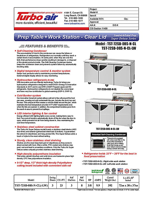 Turbo Air Super Deluxe TST-72SD-08S-N-CL 72" 3 Door Refrigerated Sandwich Prep Table with Clear Lid - Donut-Equipment.com