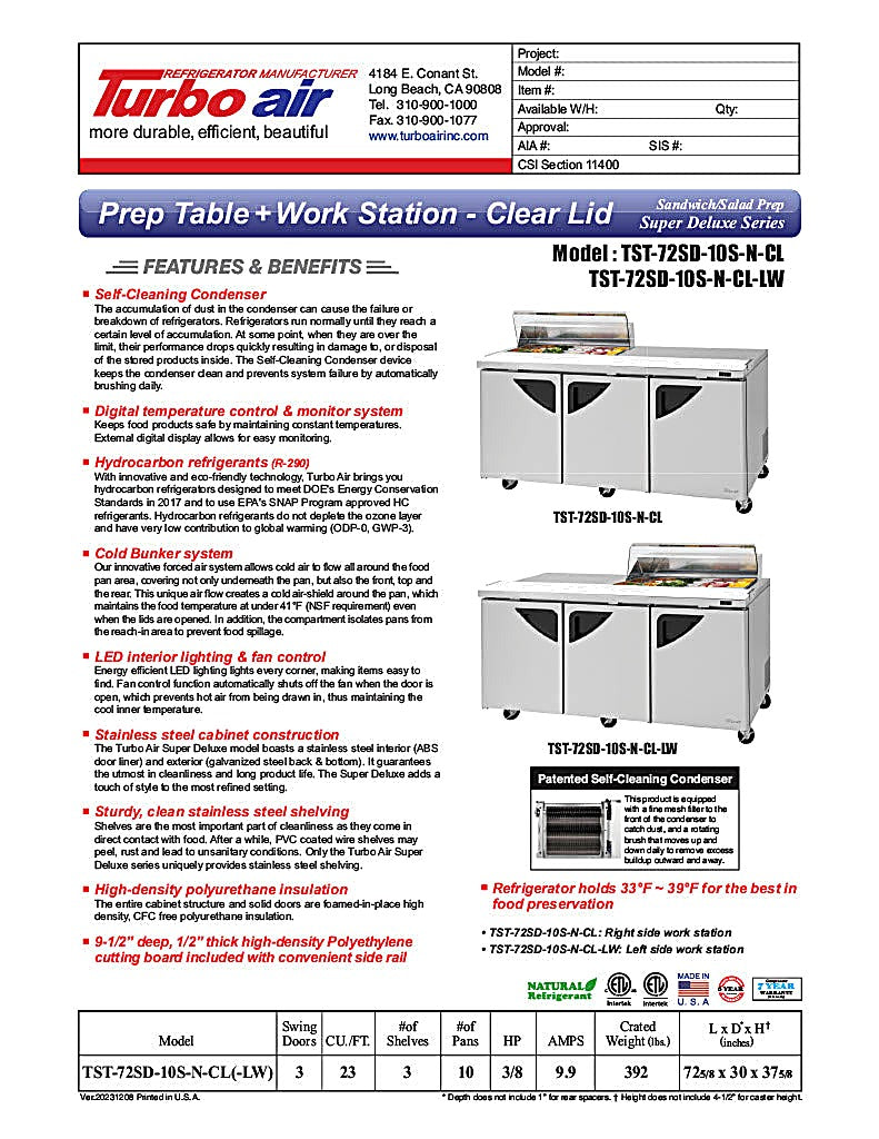 Turbo Air Super Deluxe TST-72SD-10S-N-CL 72" 3 Door Refrigerated Sandwich Prep Table with Clear Lid - Donut-Equipment.com
